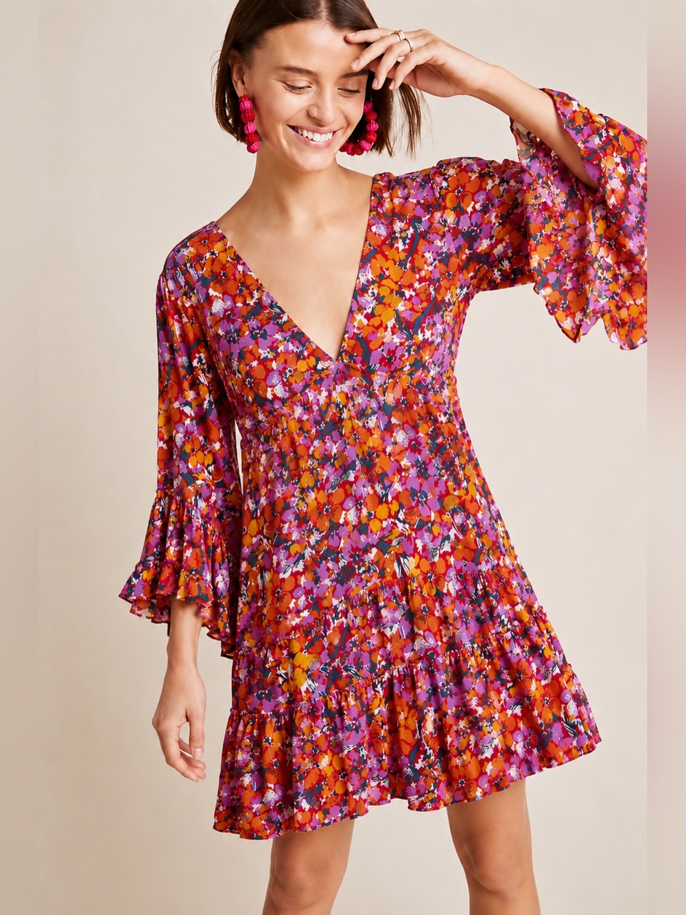 Label of Love Floral Babydoll Flowy Mini Dress with Bell Sleeves Large